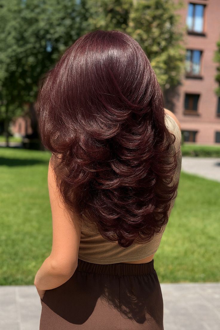 burgundy layered hair transformation trendy long hair color inspiration 2025